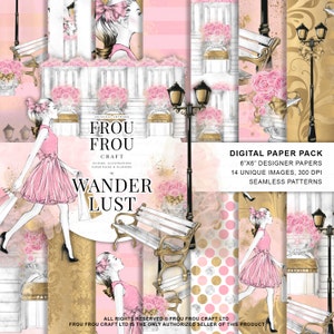Paris Paper Pack Fashion Digital Backgrounds Travel Girl Wanderlust Seamless Patterns Architectural Girly Poster Pink Gold Shopping