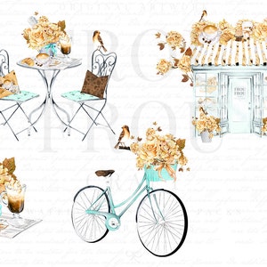 May include: A watercolor illustration of a Parisian cafe scene with a table and chairs, a bicycle with a basket of flowers, and a small shop with a sign that says "Chez Fred".