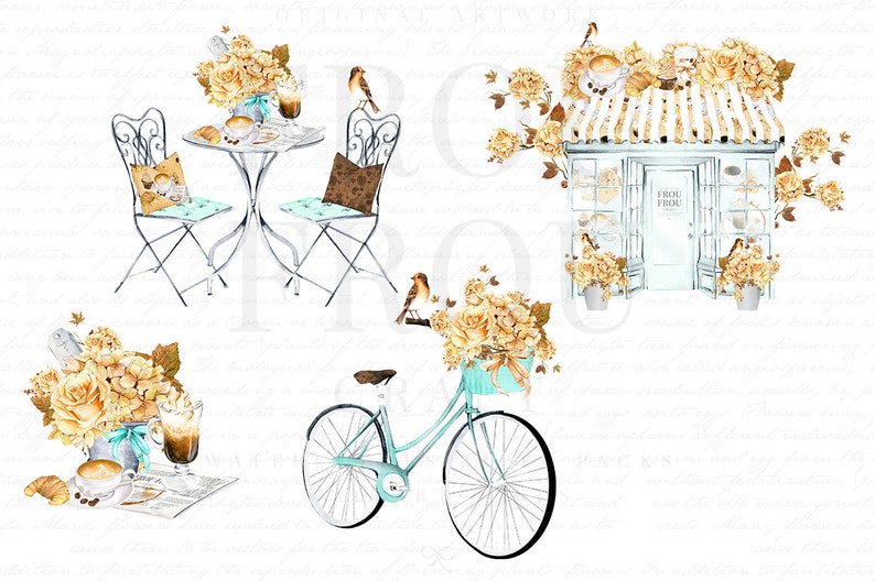 May include: A watercolor illustration of a Parisian cafe scene with a table and chairs, a bicycle with a basket of flowers, and a small shop with a sign that says "Chez Fred".