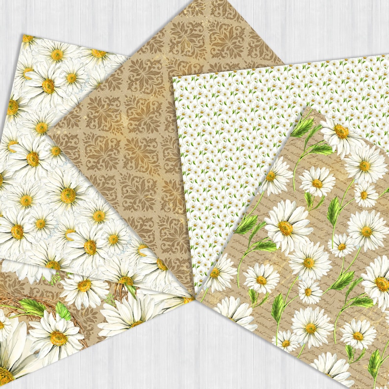May include: A set of six digital paper designs featuring white daisies on a variety of backgrounds, including a brown damask pattern, a white background with small daisies, and a brown background with handwritten text.