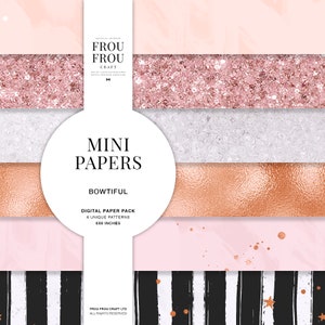 May include: A digital paper pack with six unique patterns, each measuring 6x6 inches. The patterns include rose gold glitter, white marble, copper foil, pink with gold glitter, black and white stripes with gold glitter, and a pink watercolor background with gold glitter.