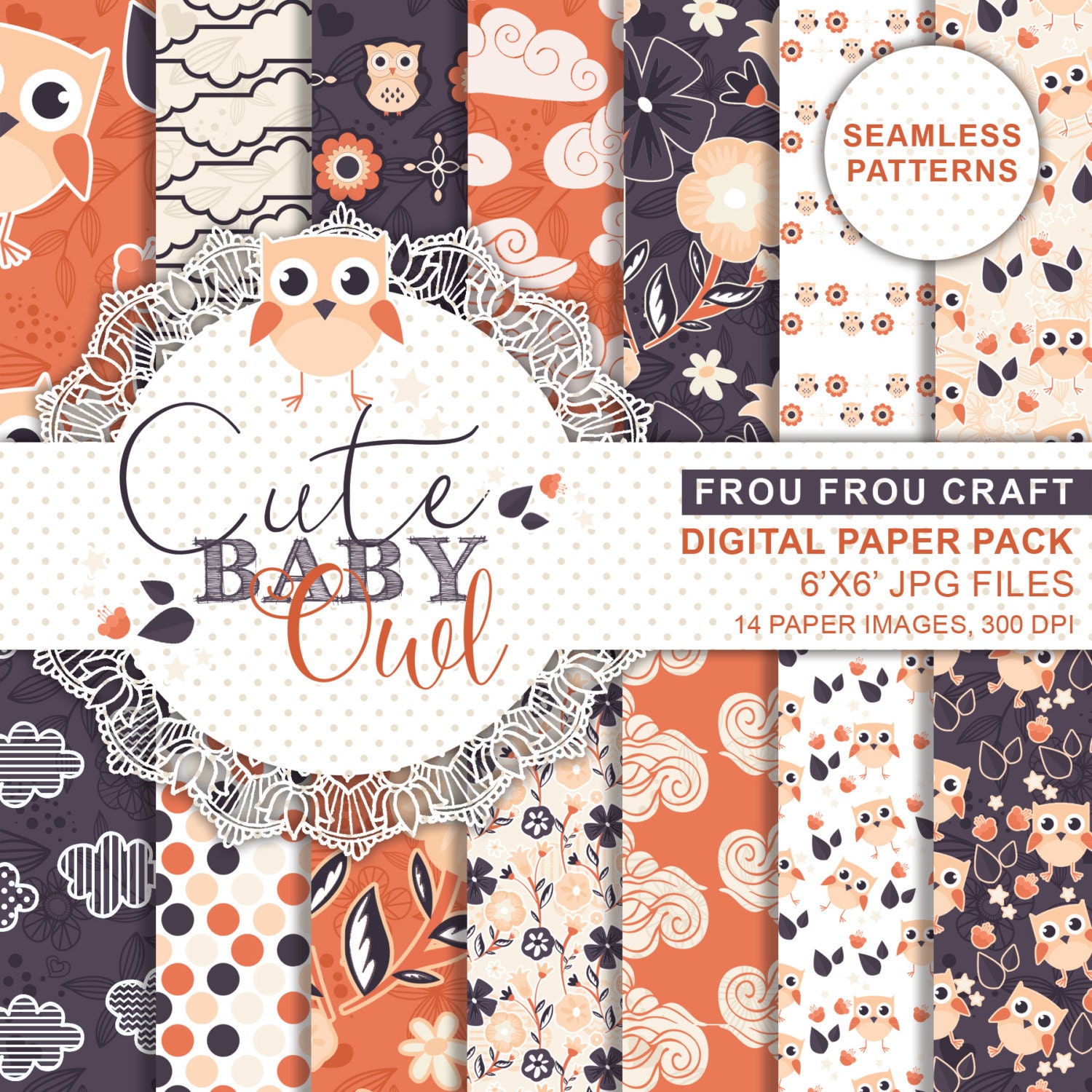Cute Baby Owl Digital Paper Pack Seamless Patterns Instant Download Vintage Retro Purple Orange Cham