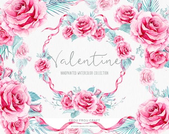 Watercolor Roses ClipArt Valentine Flowers Handpainted Floral Pink Mint Vintage Retro Romantic Original Digital Invitation Wedding DIY Pack