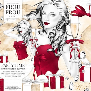 Nouvel An Clipart Valentine Clip Art Party Graphiques Festive Romantique Champagne Mode Illustration Or Rouge Planificateur de Noël Fournitures Noël