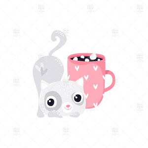 May include: A cartoon illustration featuring a grey cat and a pink mug. The cat is depicted in a playful pose, and the mug is decorated with white hearts and filled with a dark beverage and marshmallows. The background is white.