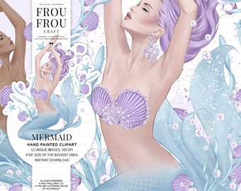 Mermaid Clipart, Sea Clipart, Underwater Fashion Illustration, Summer Clip Art, Starfish Siren Seashell, Pastel Clipart, Watercolor Beach
