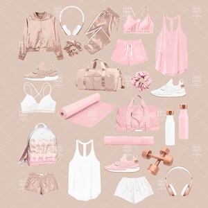 May include: A pink and rose gold workout outfit with a jacket, shorts, tank top, sports bra, leggings, a water bottle, dumbbells, a backpack, a yoga mat, two pairs of sneakers, headphones, and a hair scrunchie.