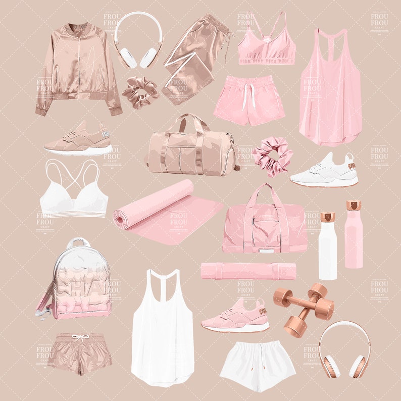 May include: A pink and rose gold workout outfit with a jacket, shorts, tank top, sports bra, leggings, a water bottle, dumbbells, a backpack, a yoga mat, two pairs of sneakers, headphones, and a hair scrunchie.