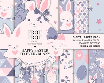 Easter Paper Pack, Spring Digital Patterns, Cute Bunny Fabric Printable, Pastel Nursery Neutral Baby, Surface Design Seamless Patterns