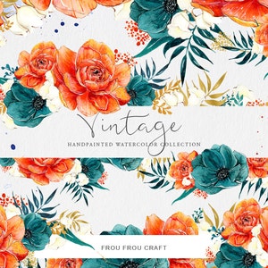 Aquarelle Fleurs ClipArt vintage Floral Mariage DIY Invitation Pack Boho Burnt Orange Bleu Marine Or Rétro Romantique Original Été
