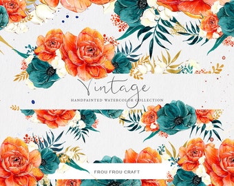 Watercolor Flowers ClipArt Vintage Floral Wedding DIY Invitation Pack Boho Burnt Orange Navy Blue Gold Retro Romantic Original Summer
