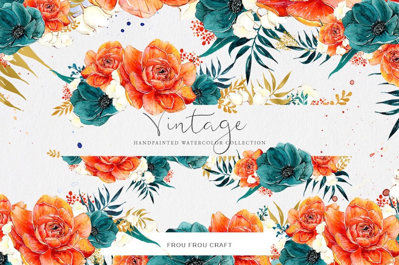 May include: A watercolor floral pattern featuring orange, teal, and white flowers with gold accents. The text "Vintage Handpainted Watercolor Collection" and "Frou Frou Craft" are included in the design.