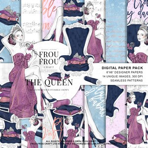 May include: Digital paper pack with 14 unique images and seamless patterns. The images feature a woman in a purple gown with a crown, a blue chair, and a pink and blue background. The text "The Queen" is featured in the image.