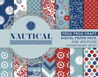 Nautical Digital Paper Pack, 4th of July Instant Download Red White Blue Aqua, Sea Anchor Boat Rudder Polka Dots Stripes Chevron 6x6 inches