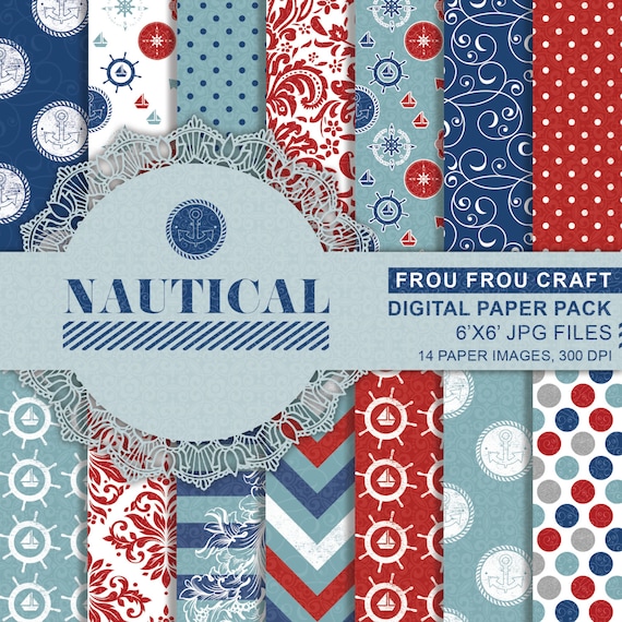 Nautical Digital Paper Pack, 4th of July Instant Download Red White Blue Aqua, Sea Anchor Boat Rudder Polka Dots Stripes Chevron 6x6 inches