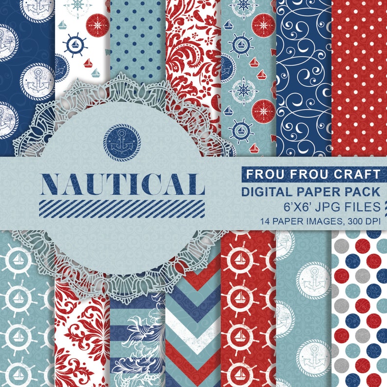 May include: A digital paper pack with 14 nautical themed patterns in red, white, and blue. The patterns include anchors, ships, wheels, stripes, polka dots, and damask. The paper pack is 6 inches by 6 inches and 300 DPI.