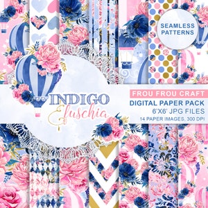 Watercolor Hot Air Balloons Digital Paper Pack Flowers Navy Blue Indigo Hot Pink Fuschia Seamless Patterns Gold Repeatable Instant Download