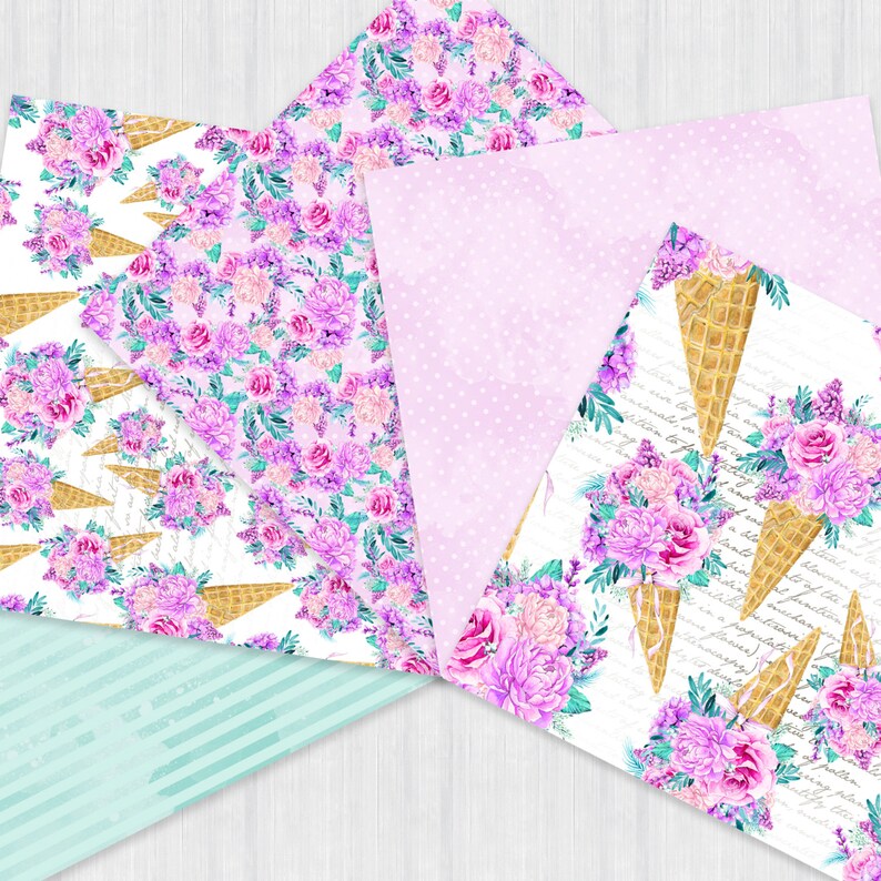 May include: Four digital paper designs featuring a floral pattern with purple and pink flowers, green leaves, and gold ice cream cones on a white background. One design has a light pink background with white polka dots. Another design has a light blue and white striped background.