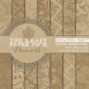 Damask Kraft Paper Digital Pack Instant Download Flowers Craft Brown Old Texture Background Swirls Vintage 6x6 inches