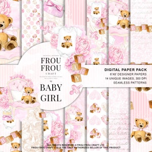 Baby Paper Pack Baby Girl Scrapbook Nursery Sfondo Rosa Teddy Bear Giocattoli Digitali Seamless Patterns Illustrazione dipinta a mano Baby Shower