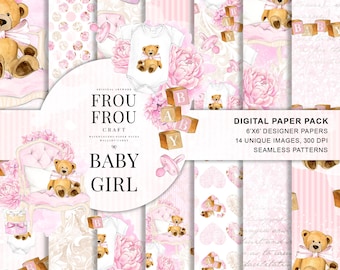 Baby Paper Pack Baby Girl Scrapbook Nursery Background Pink Teddy Bear Toys Digital Seamless Patterns Handpainted Illustration Baby Shower