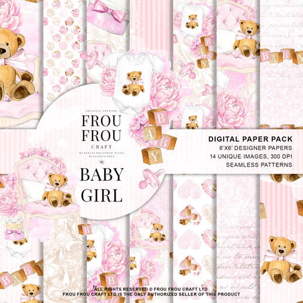 Baby Paper Pack Baby Girl Scrapbook Nursery Background Pink Teddy Bear Toys Digital Seamless Patterns Handpainted Illustration Baby Shower