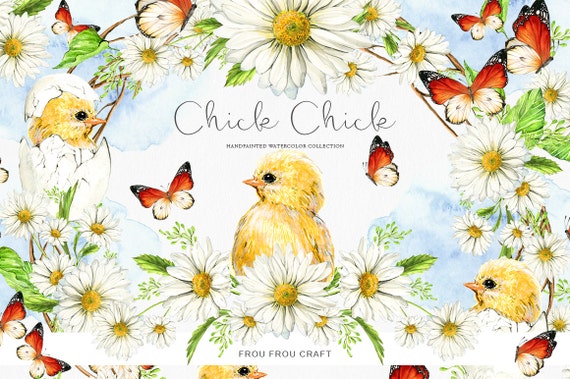 Watercolor Easter ClipArt Chick Duck Butterflies Camomile Daisies Handpainted Flowers Seasonal Spring Original Invitation Wedding DIY Pack