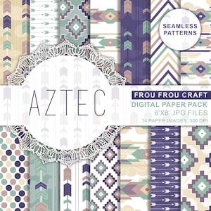 May include: A digital paper pack with 14 seamless patterns in an Aztec theme. The patterns feature geometric shapes, arrows, and dots in shades of purple, green, beige, and white. The text "AZTEC" is displayed in a white circle with a lace border. The text "FROU FROU CRAFT" is displayed in a white rectangle with the text "DIGITAL PAPER PACK 6'X6' JPG FILES 14 PAPER IMAGES, 300 DPI" below it.