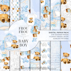 Baby Boy Paper Pack Blue Nursery Digital Background Baby Scrapbook Baby Shower Teddy Bear Toys Seamless Patterns Handpainted Illustration