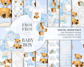 Könnte beinhalten: Ein digitales Papierpaket mit 14 einzigartigen Bildern, 300 DPI und nahtlosen Mustern. Die Bilder zeigen einen Teddybär, ein Babybett, einen Schnuller und Blöcke, die "BABY" buchstabieren. Der Hintergrund ist ein hellblaues und weißes Muster.