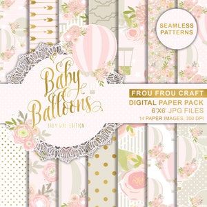 Carino rosa bambino digitale carta balletto digitale mongolfiera nursery scrapbook baby girl shower digital baby balloons carta nursery pack