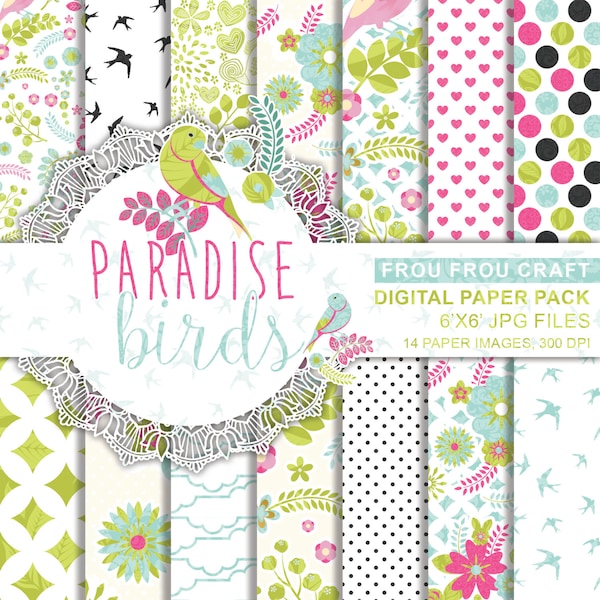 Birds Digital Paper Pack Instant Download Summer Tropical Aloha Colorful Flowers Green Pink Blue Polka Dots Spring Floral 6x6 Inches
