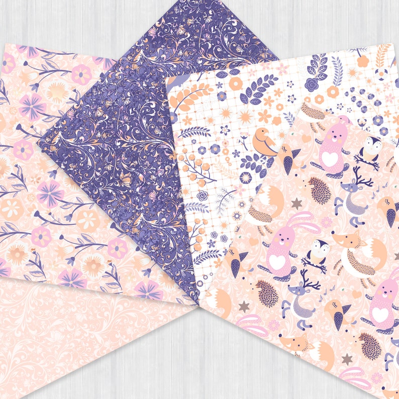 May include: Four different patterned digital papers in a purple, pink, and white color scheme. The patterns include floral designs, a grid pattern with flowers and birds, and a pattern with woodland animals.