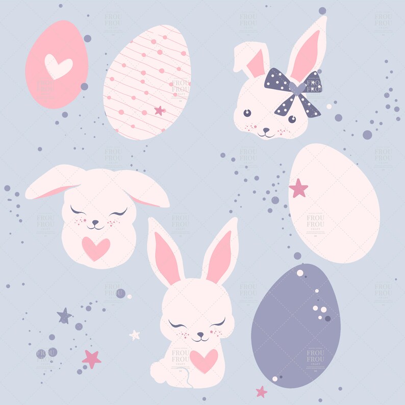 May include: A light blue background with white bunnies and pink and purple eggs. The bunnies have pink ears and noses and closed eyes. The eggs have white and pink polka dots and a star.