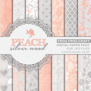 K&ouml;nnte beinhalten: Ein digitales Papierpaket mit 14 gemusterten Papieren in Pfirsich und Grau. Die Papiere zeigen florale Designs, geometrische Muster und ein Spitzenmuster. Der Text "PEACH silver wood" ist auf einem wei&szlig;en Banner abgebildet.