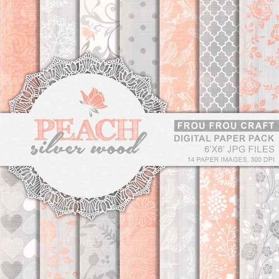 Peach Silver Digital Paper Pack Instant Download Grey Pink Vintage Wood Chevron Floral Flowers Swirl Damask Petal Spring Summer 6x6 inches