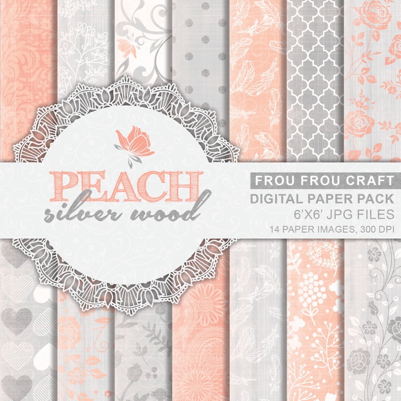 K&ouml;nnte beinhalten: Ein digitales Papierpaket mit 14 gemusterten Papieren in Pfirsich und Grau. Die Papiere zeigen florale Designs, geometrische Muster und ein Spitzenmuster. Der Text "PEACH silver wood" ist auf einem wei&szlig;en Banner abgebildet.