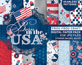 4th of July Digital Paper Pack, Seamless Patterns USA Independence Day, Celebration Holiday Seasonal, Red Blue Navy, Patriotic, Fourth July