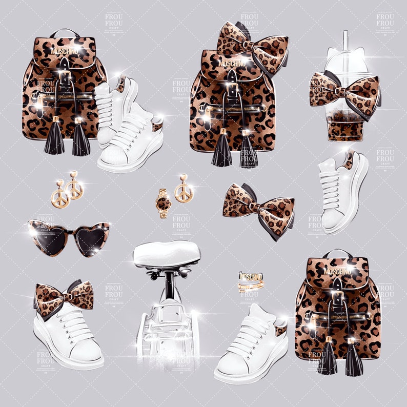 May include: A set of illustrated fashion accessories featuring a leopard print backpack, sneakers, sunglasses, earrings, a watch, and a bow. The accessories are all in a cartoon style and have a glossy finish.