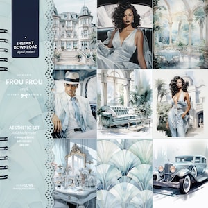 以下が含まれることがあります： 青と白のカラーリングで構成された9枚の画像のデジタルコラージュ。画像には、ビンテージカー、白いドレスを着た女性、白いスーツを着た男性、白いファサードの建物、青いソファのある部屋、白い化粧台のある部屋、青と白の扇形の模様が含まれています。