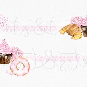 Op de afbeelding: Een aquarel-illustratie van roze en bruine bakkerijproducten, waaronder een ijshoorn, een cupcake, een donut, een croissant en een macaron. De lekkernijen zijn omringd door roze bloemen en witte kant.
