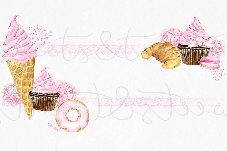 Op de afbeelding: Een aquarel-illustratie van roze en bruine bakkerijproducten, waaronder een ijshoorn, een cupcake, een donut, een croissant en een macaron. De lekkernijen zijn omringd door roze bloemen en witte kant.