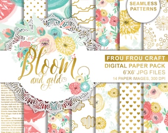 Colorful Spring Flowers Digital Paper Pack Instant Download Bloom Gold Foil Clouds Polka Dots Pink Yellow Green Blue Mint White 6x6 inches