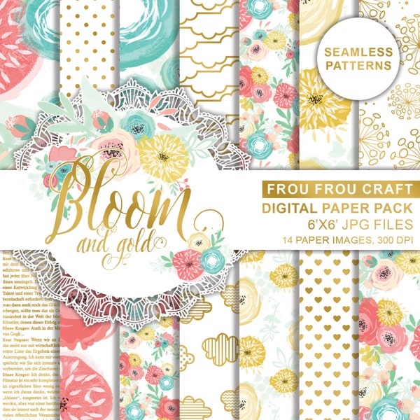 Colorful Spring Flowers Digital Paper Pack Instant Download Bloom Gold Foil Clouds Polka Dots Pink Yellow Green Blue Mint White 6x6 inches