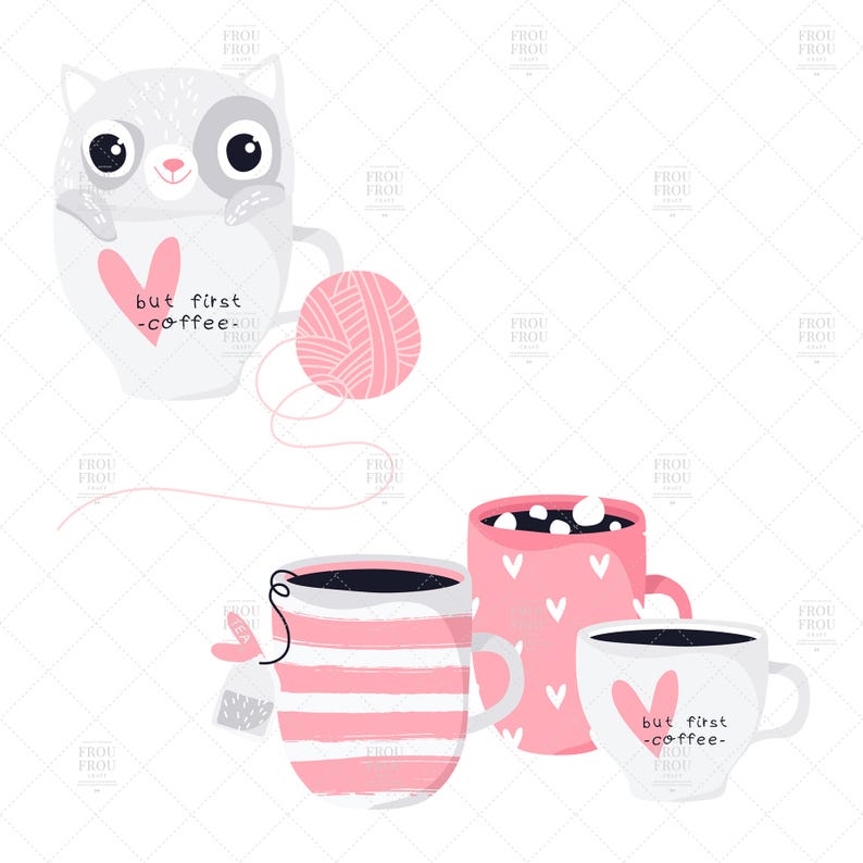 May include: Illustration of several coffee and tea mugs with a cat design, yarn ball, and the text "but first -coffee-". The mugs are white and pink with heart and stripe designs. The cat is gray and white.