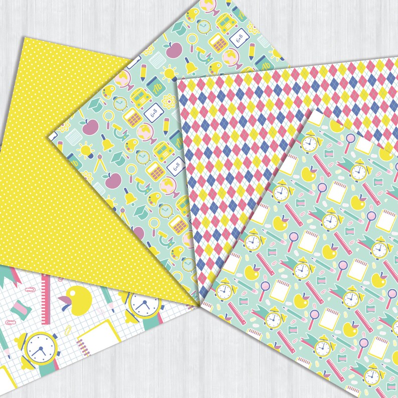 School Teal Lemon Purple Pink Yellow Digital Paper Pack Instant ...