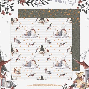 May include: Christmas-themed scrapbook paper with a repeating pattern of deer, gifts, and Christmas trees on a striped background. The reverse side features a dark green pattern with gold stars and leaves. The paper includes the text "Frou Frou Craft".