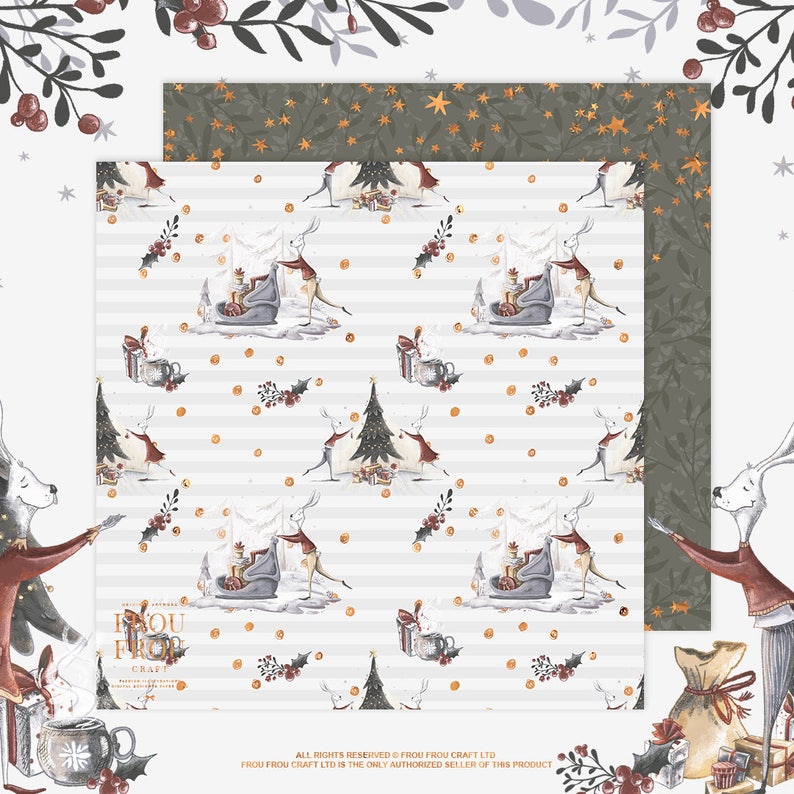 May include: Christmas-themed scrapbook paper with a repeating pattern of deer, gifts, and Christmas trees on a striped background. The reverse side features a dark green pattern with gold stars and leaves. The paper includes the text "Frou Frou Craft".