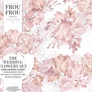 Peut inclure: Un ensemble de 12 fleurs de mariage peintes &agrave; la main en clipart num&eacute;rique dans des tons rose p&acirc;le et p&ecirc;che avec des accents de perles. Les fleurs sont dispos&eacute;es en bouquet et sont parfaites pour cr&eacute;er des invitations, des cartes et d'autres articles de papeterie de mariage.