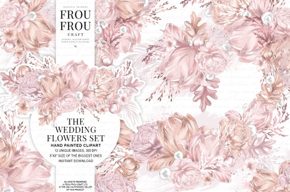 Wedding Flowers Clipart Wedding Floral Clip Art Printable Pastel Invitation DIY Set Bridal Shower Romantic Watercolor Bouquets Pink Powder